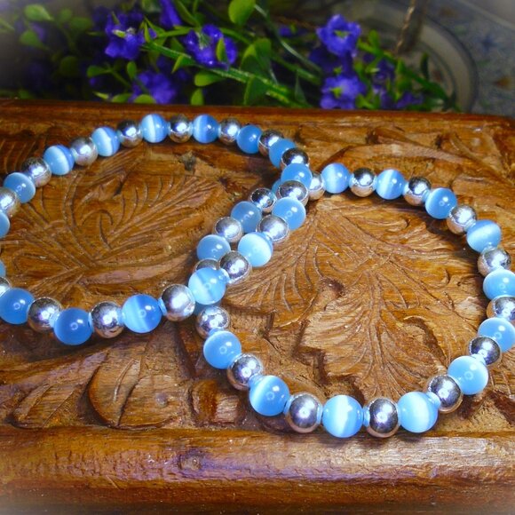 Blue Cats eye and 925 Sterling Silver beaded Bracelet - Picture 4 of 5